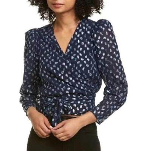 Tanya Taylor Tops - Tanya Taylor Erica Navy Metallic Silk Wrap Blouse Top Long Sleeve Size 0